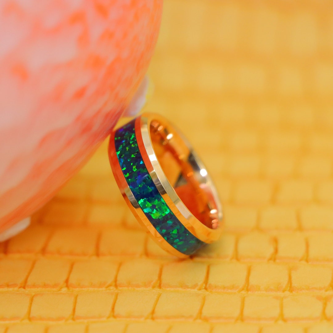 Rose Gold Opal Tungsten Ring, Rose Gold Wedding Ring, Opal Wedding Ring ...