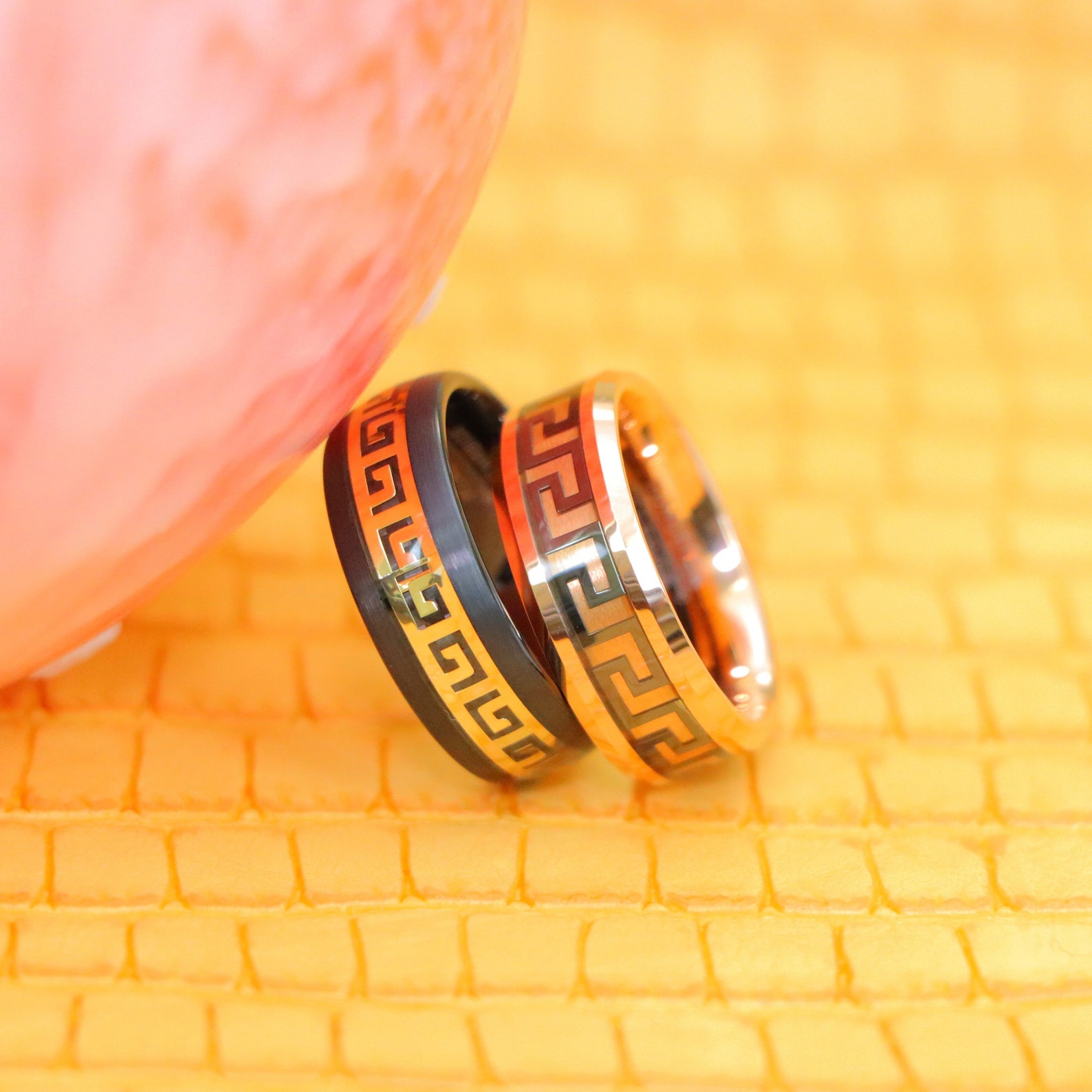 Greek Key Inlay Engraved Tungsten Ring, 8MM Rose Gold IP High Polish ...