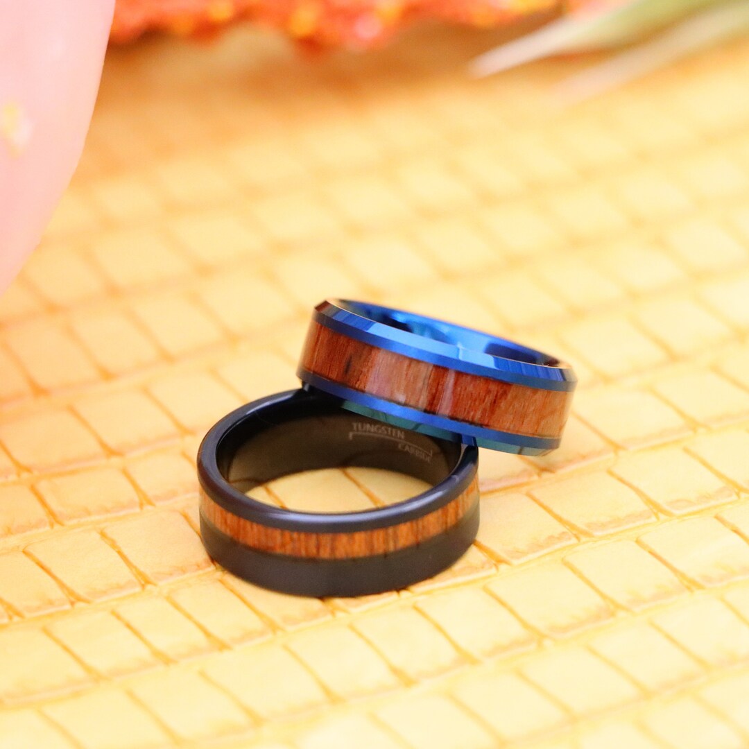 Wood Promise Rings Promise Ring for Him, Wood Tungsten Ring, Mens 8mm Blue Tungsten ...