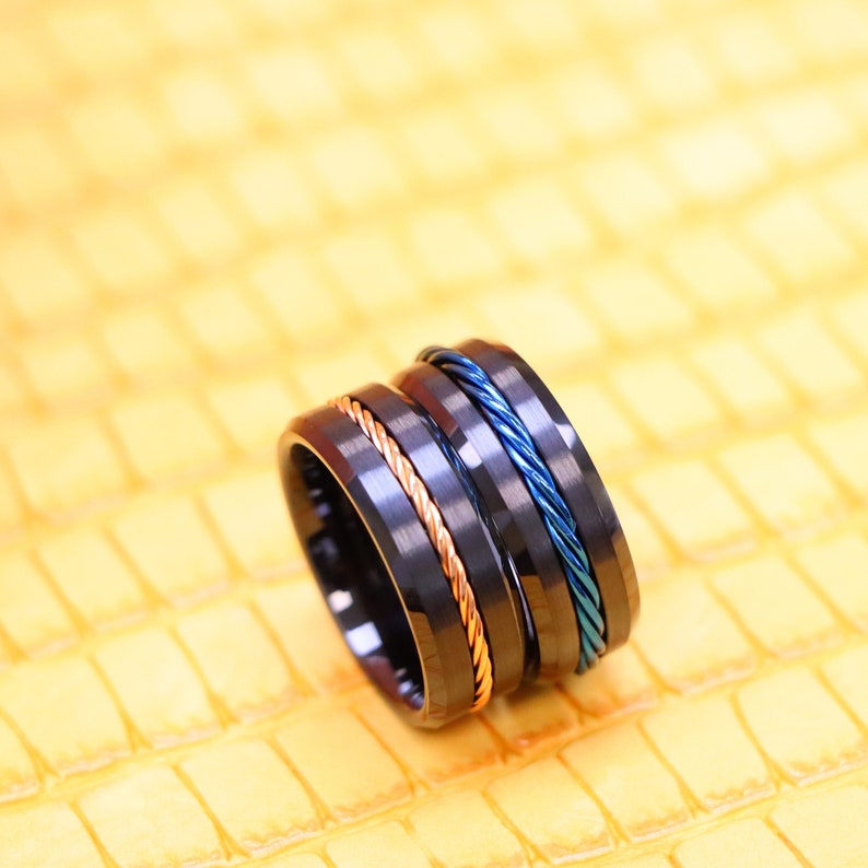4th Rope Ring Men's Twisted Rope Center Engagement Ring, Black Tungsten Carbide Band ...