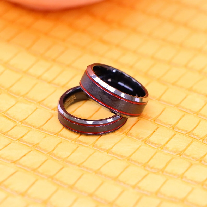 His and Hers Tungsten Wedding Band,8mm 6mm, Charcoal Gray With Red ...