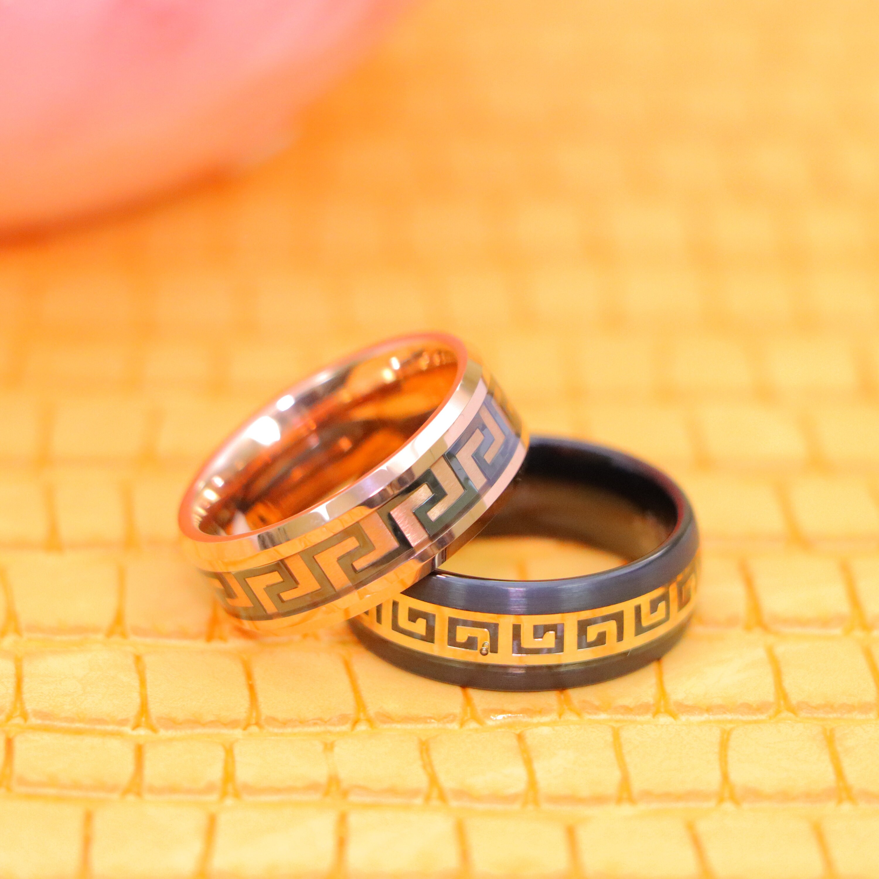 Greek Key Inlay Engraved Tungsten Ring, 8MM Rose Gold IP High Polish ...