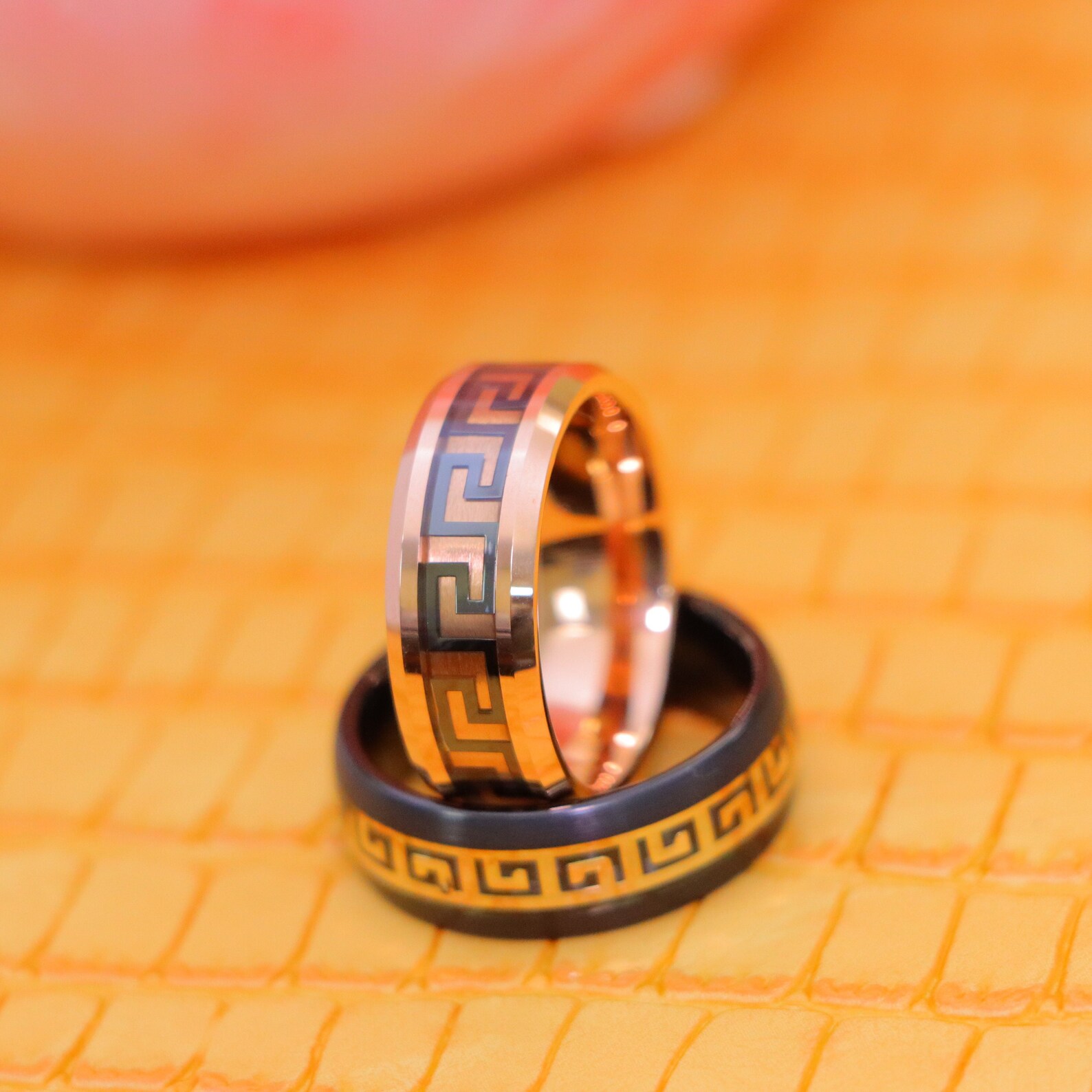 Greek Key Inlay Engraved Tungsten Ring, 8MM Rose Gold IP High Polish ...