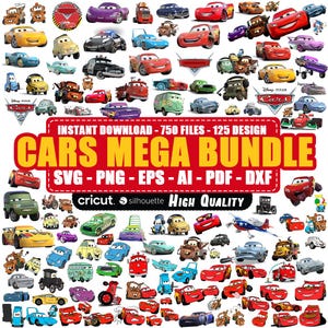 Paquete Svg de Cars, Clipart de Cars, PNG de Cars de alta calidad, Cumpleaños de Cars, Rayo Mcqueen, Descarga instantánea, Letra cromada, Descarga instantánea,