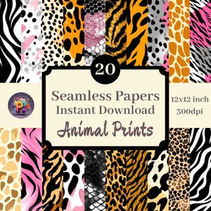 Peut inclure: Une collection de 20 papiers à motifs animaliers sans couture, avec des motifs de zèbre, de léopard et d'écailles de serpent. Les papiers mesurent 30.5 x 30.5 cm et 300 dpi. Le texte indique "Seamless Papers Instant Download Animal Prints."