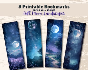 Printable Bookmarks Set of 8 Digital Download 11x8.5 PDF and Separate PNGs Great For Sublimation Designs Book Lover Gift Full Moon Landscape