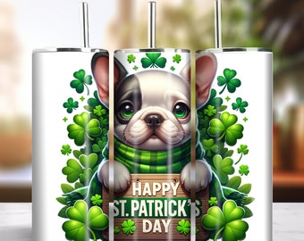 St. Patrick's 20oz Skinny Tumbler Sublimation Design Instant Digital Download PNG 300dpi DIY Frenchie French Bulldog Lover Tumbler Wrap #3