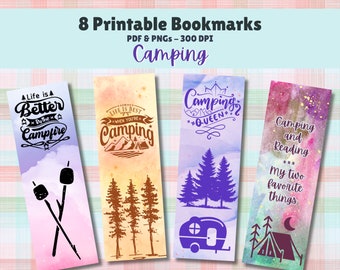 Camping Printable Bookmarks Set of 8 Digital Download 11x8.5 PDF and Separate PNGs Great For Sublimation Designs Book Lover Gift Campers