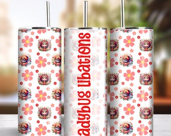 Ladybug Libations 20oz Skinny Tumbler Sublimation Seamless Design Instant Digital Download PNG 300dpi DIY Cute Insect Bug Lover Tumbler Wrap