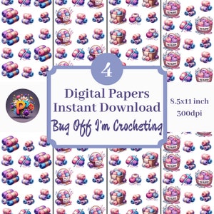 Bug Off I'm Crocheting Digitales Papier, druckbarer Hintergrund, Scrapbook-Papiere, 8,5 x 11 Muster, 4er-Set, sofortiger Download von Häkelpapier
