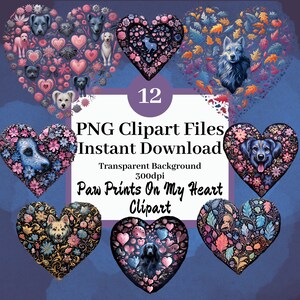 Paw Prints On My Heart Clipart Set of 12 Clipart PNG Files Instant Download Heart Dog Graphics, Dog Puppy Love, Mosaic Heart Graphics