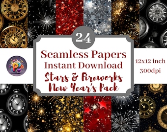 Sterne & Feuerwerk Neujahrspaket Digitales Papier, druckbare Hintergrund-Scrapbook-Papiere 12x12 Nahtloses Muster Set von 24 Sofort-Download