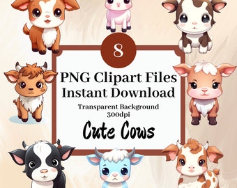 Cute Cow Clipart Set of 8 Clipart PNG Files Kawaii Cows Cute Cow Graphics, Instant Download, Cow Lovers Animal Nursery Sweet Cow Bundle