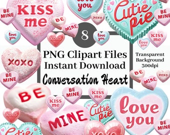 Conversation Heart Clipart Bundle Set of 8 Clipart Files, Candy Hearts Valentine's Day Clipart, PNG Transparent Background Instant Download