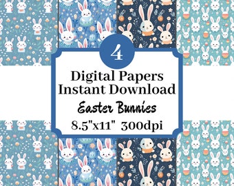 Easter Bunnies 8.5x11 Repeat Pattern Digital Paper Printable Background Scrapbook Illustrations Set Of 4 Instant Download Stationary