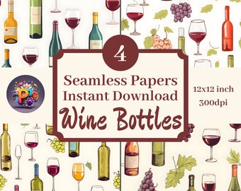 Wijnflessen afdrukbare achtergrond plakboekpapier, 12 x 12 naadloze patroon set van 4 directe download rode wijn, witte wijn, druiven, merlot