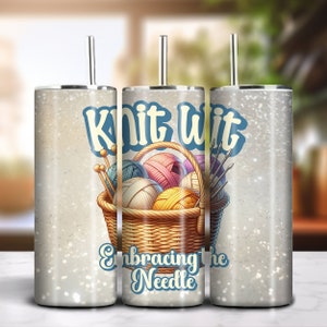 Knit Wit 20oz Skinny Tumbler Sublimation glitzernde Glitzer Design Download PNG 300dpi DIY Wrap Lustiges Dummes Stricken Spruch Bild 2
