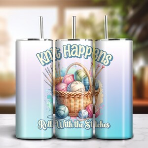 Knit Happens 20oz Skinny Tumbler Sublimation Buntes Farbverlaufsdesign Download PNG 300dpi DIY Wrap Lustiger alberner Strickspruch Bild 5