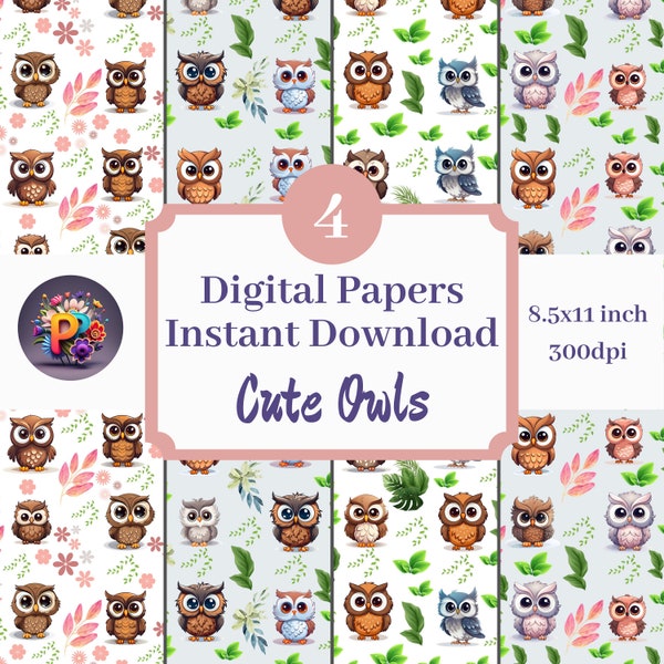 Cute Owls 8.5x11 Digital Paper, Printable Background Scrapbook Papers Set Of 4 Instant Download Cute Gray Owls Pattern Stationary Print