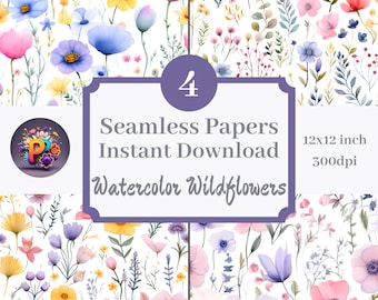 Watercolor Wildflowers Printable Background Scrapbook Papers 12x12 Seamless Pattern Set Of 4 Instant Download Wildflower Flowers Pattern