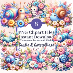 Bundle de cliparts escargots et chenilles, 8 fichiers PNG fond transparent Bugs printaniers fleurs florales graphiques Images de scrapbooking