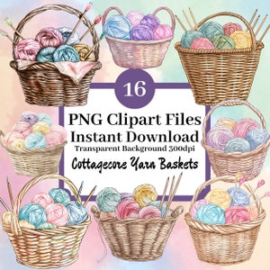 Lot de 16 cliparts, paniers en laine Cottagecore, Images autocollantes pour album de scrapbooking numérique, Illustrations de tricot au Crochet de ferme rustique vintage