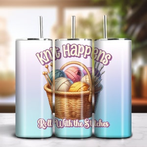 Knit Happens 20oz Skinny Tumbler Sublimation Buntes Farbverlaufsdesign Download PNG 300dpi DIY Wrap Lustiger alberner Strickspruch Bild 4
