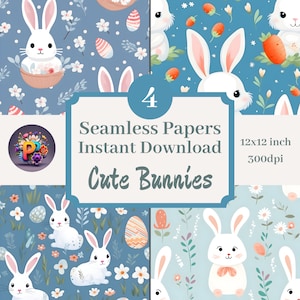 Cute Bunnies Printable Background Scrapbook Papers, 12x12 Seamless Pattern Set Of 4 Instant Download Easter Bunny Digital Seamless Paper
