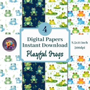 Papier numérique de grenouilles espiègles, papiers de scrapbooking de fond imprimable 8,5 x 11 modèle lot de 4 impression stationnaire de grenouille mignonne de téléchargement immédiat