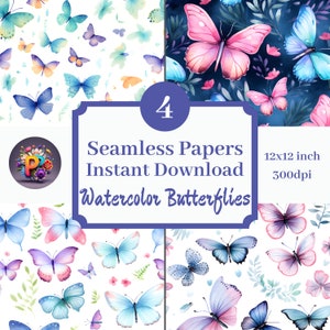 May include: Four seamless digital paper designs featuring watercolour butterflies in various colours and patterns. The papers are 12x12 inches and 300dpi.