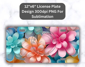3D Kwiaty Tablica Rejestracyjna Sublimacja Projekt Natychmiastowe Pobieranie PNG 300dpi DIY Przednie Tablice Samochodowe Tęczowy Kwiat Cyfrowa Grafika - Plate1