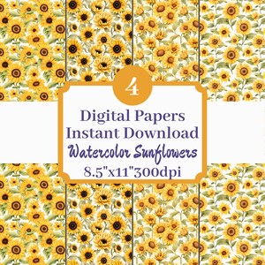 Puede incluir: Cuatro diseños de papel digital con un patrón de girasol de acuarela. Los papeles miden 8,5 pulgadas por 11 pulgadas y 300 dpi.