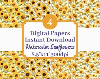 Aquarell-Sonnenblumen, 8,5 x 11 Wiederholungsmuster, digitales Papier, druckbarer Hintergrund, Scrapbook-Illustrationen, 4er-Set, sofortiger Download, stationär
