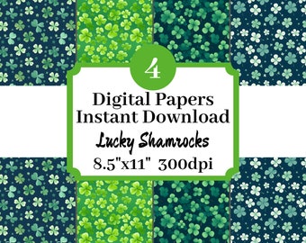 Lucky Shamrocks 8.5x11 Repeat Pattern Digital Paper Printable Background Scrapbook Illustrations Set Of 4 Instant Download Stationary