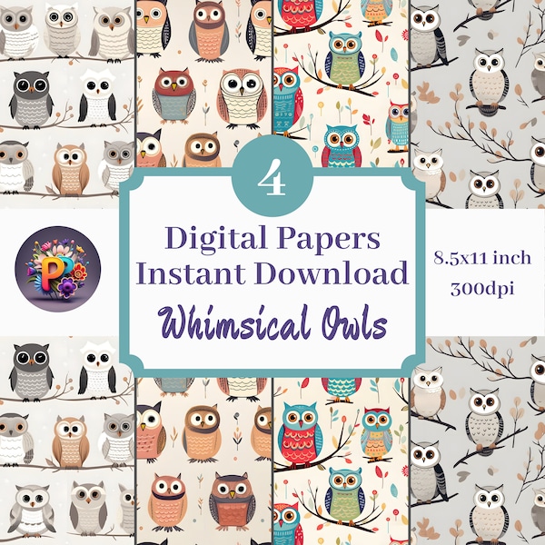 Whimsical Owls 8.5x11 Digital Paper, Printable Background Scrapbook Papers Set Of 4 Instant Download Cute Gray Owls Pattern Stationary Print