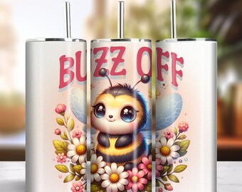 Buzz Off 20oz Skinny Tumbler Sublimation Artwork Digital Download PNG 300dpi Cute Bumblebee Bug Insect Lover Tumbler DIY Wrap #1