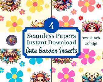 Cute Garden Insects 12x12 Digital Paper Printable Background Scrapbook Papers Seamless Pattern Set Of 4 Instant Download Bug Lover Graphics