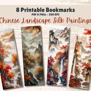 Printable Bookmarks Set of 8 Digital Download 11x8.5 PDF and Separate PNGs Great For Sublimation Designs Book Lover Gift Chinese Landscapes