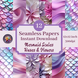 Puede incluir: Una descarga digital de 12 patrones sin costuras que presentan escamas de sirena, olas y flores en tonos de rosa, morado y azul. Los patrones son de 30,5 x 30,5 cm y 300 ppp.