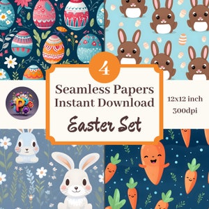 Easter Set Printable Background Scrapbook Papers 12x12 Seamless Pattern Set Of 4 Instant Download Bunny Cute Carrots Chocolate Bunny Pattern