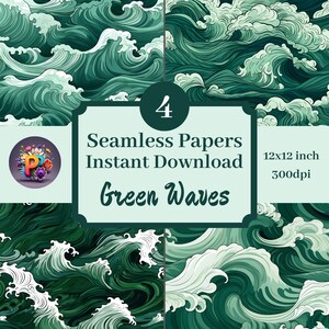 May include: Four seamless digital paper patterns featuring green and white waves. The papers are 12x12 inches and 300dpi.