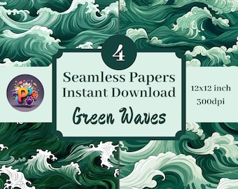 Green Waves Printable Background Scrapbook Papers, 12x12 Seamless Pattern Set Of 4 Instant Download Japanese Waves Digital Print Ocean Waves