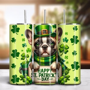 St. Patrick&#39;s 20oz Skinny Tumbler Sublimation Design Instant Digital Download PNG 300dpi DIY Frenchie French Bulldog Lover Tumbler Wrap #2