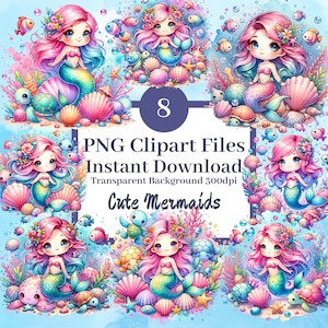 Lindo sirenas clipart paquete conjunto de 8 PNG archivos de fondo transparente estrella de mar tortuga marina océano agua concha gráficos imágenes de álbum de recortes