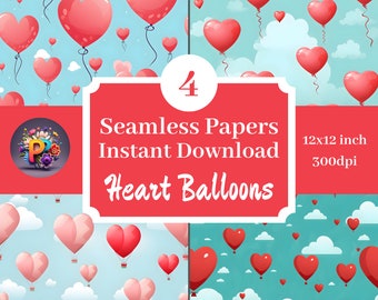 Balony w kształcie serca Cyfrowy papier Tło do druku Papier do scrapbookingu 12x12 Bezszwowy wzór Zestaw 4 Natychmiastowe pobieranie, Serca walentynkowe