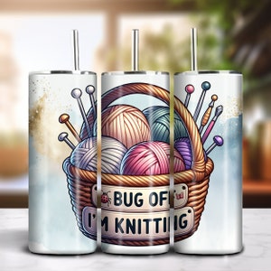 Bug Off I'm Knitting 20oz Skinny Tumbler Sublimation Buntes Aquarell Design Download PNG 300dpi DIY Wrap Lustiger Strickspruch Bild 3