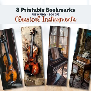 Printable Bookmarks Set of 8 Digital Download 11x8.5 PDF and Separate PNGs Great For Sublimations Book Lover Gift Classical Instruments