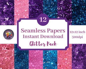 Zestaw papierów cyfrowych Glitter Pack, różowy fioletowy niebieski brokat do druku tło do scrapbookingu 12x12 bezszwowy wzór zestaw 12 natychmiastowe pobranie