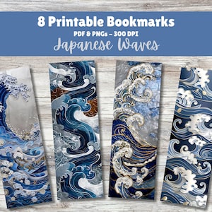May include: Eight printable bookmarks featuring a Japanese wave design in shades of blue, white, and gold. The bookmarks are perfect for book lovers who appreciate Japanese art and culture.