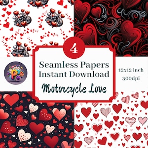 Motorcycle Love Digital Paper Printable Background Scrapbook Papers 12x12 Seamless Pattern Set Of 4 Instant Download Valentine Graphics